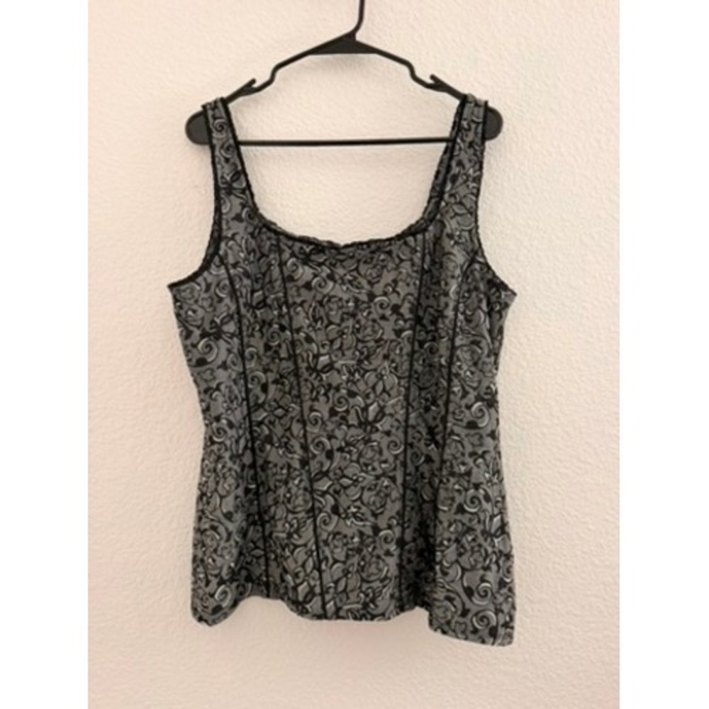 Y2K Grey Black Floral Corset Style Tank Top XL Lace Dark Romantic Grunge